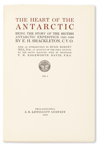 SHACKLETON, ERNEST HENRY, Sir. The Heart of the Antarctic. 2 vols. Philadelphia, 1909. In dust jackets.
